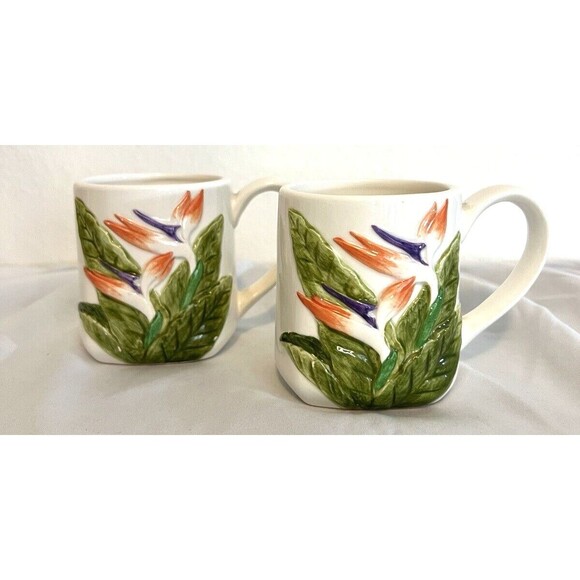 Vintage Otagiri Japan Mugs birds of paradise Tiki Coffee Cups square bottom MCM - Picture 1 of 7